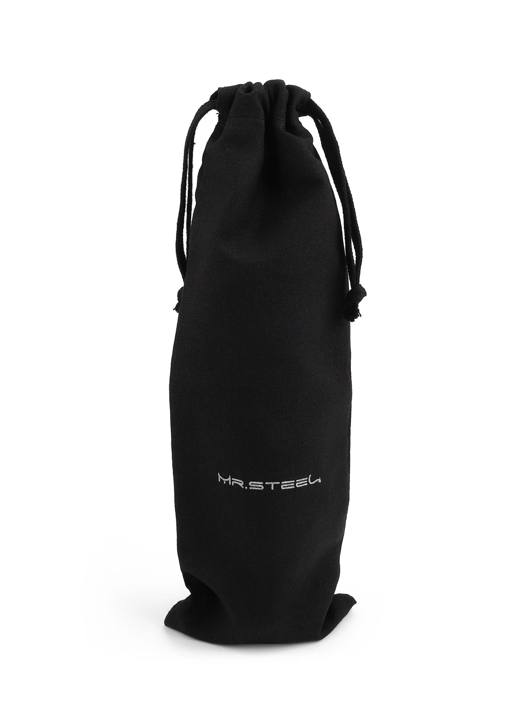 Zwart opbergzakje met trekkoord en Mr. Steel-logo