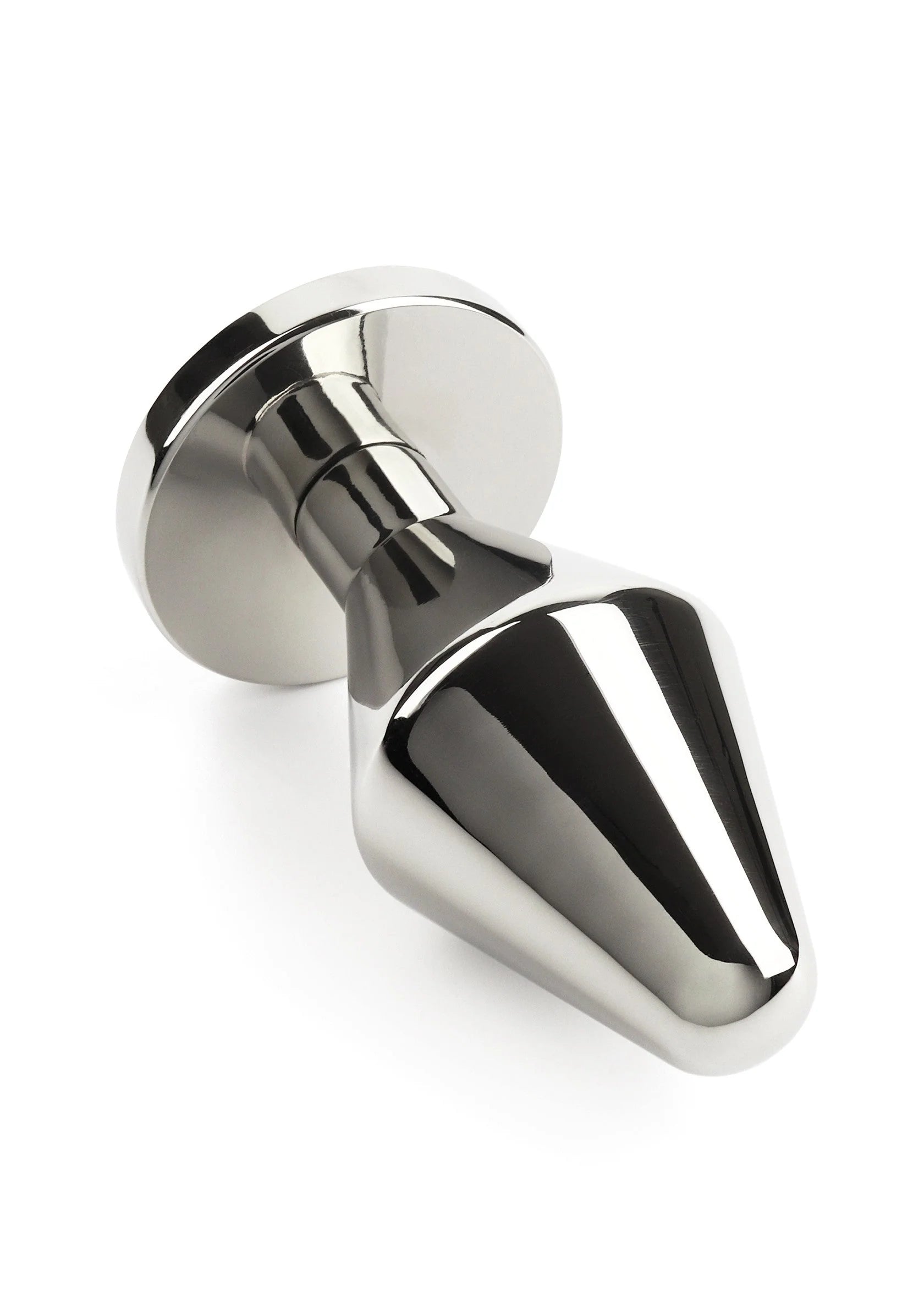 RVS butt plug met brede schijfvoet en taps toelopende punt, glanzend zilver