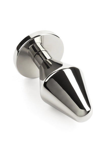 RVS butt plug met brede schijfvoet en taps toelopende punt, glanzend zilver