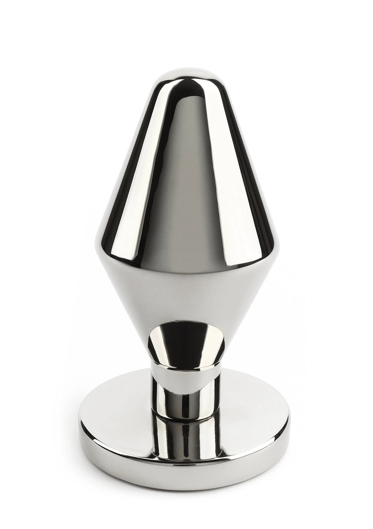 Metalen buttplug met brede voet en afgeronde punt, zilverkleurig