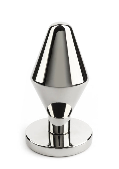 Metalen buttplug met brede voet en afgeronde punt, zilverkleurig