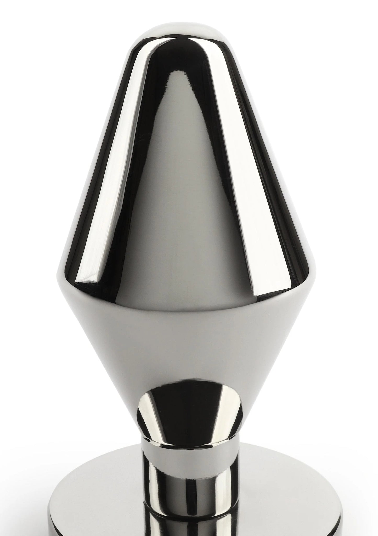 Metalen buttplug met kegelvormige punt en ronde voet, zilverkleurig