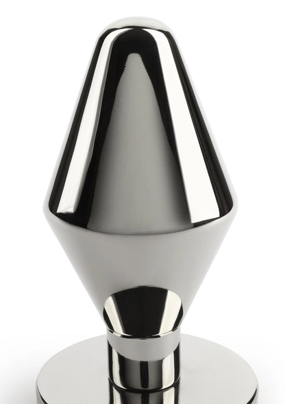 Metalen buttplug met kegelvormige punt en ronde voet, zilverkleurig
