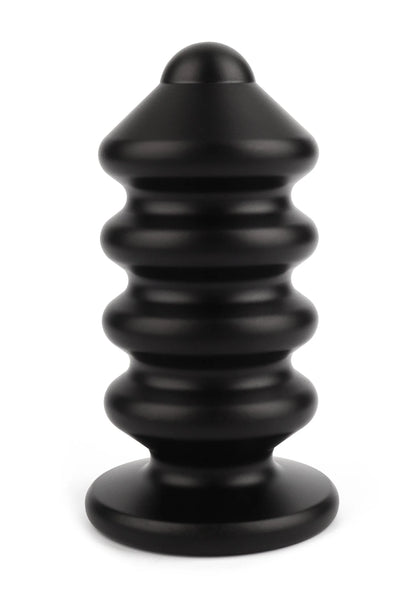 Zwarte anaalplug met kegelvorm, ronde voet en ribbels