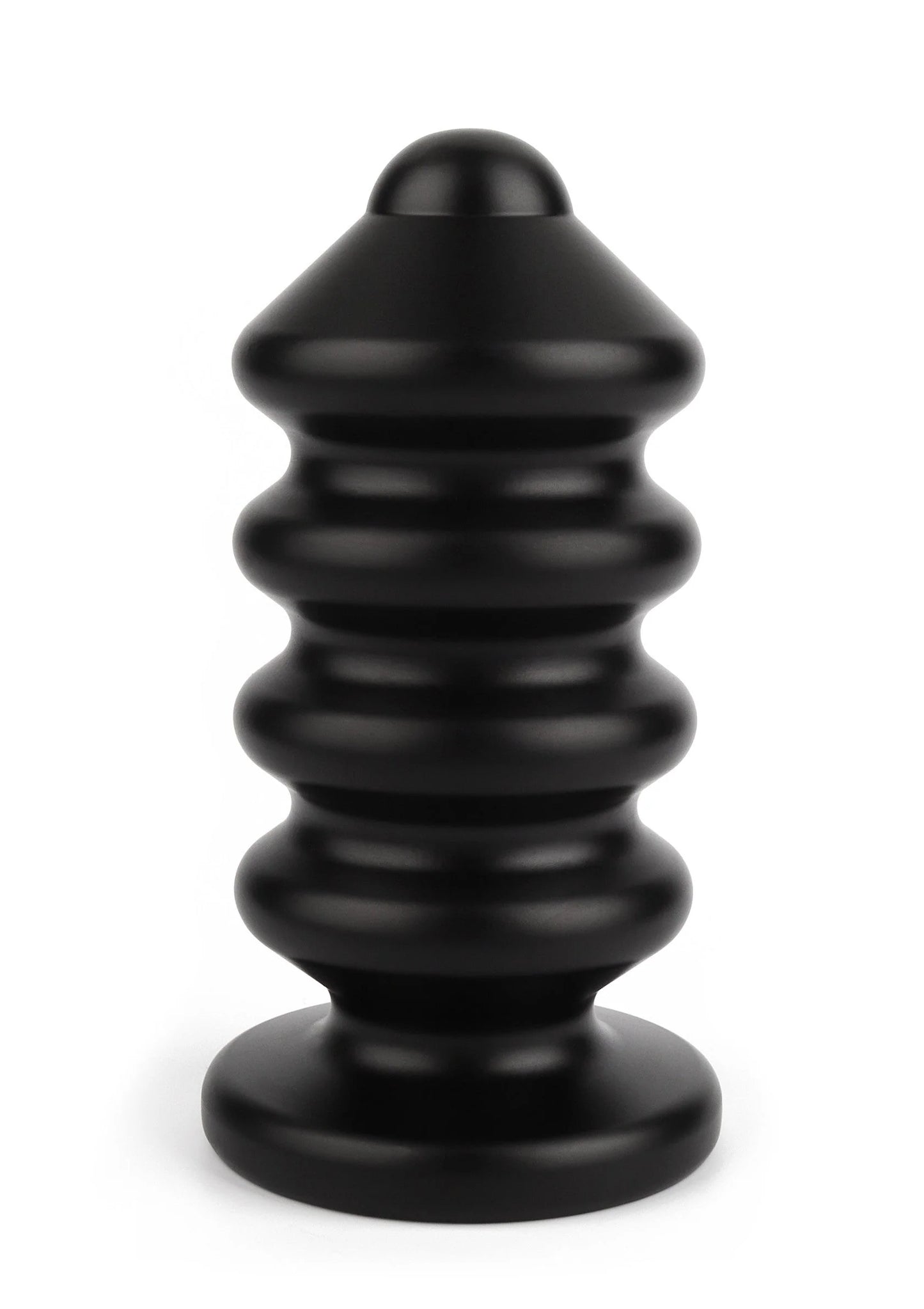 Zwarte anale plug met puntige top, geribbelde middengedeelte en brede voet.