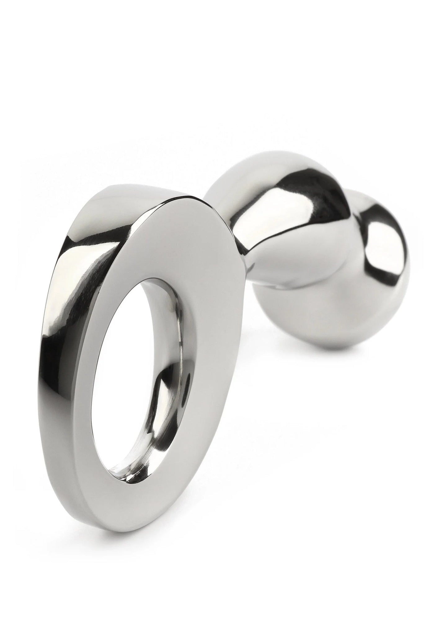 Glanzende metalen anaalplug met brede ring en bolvormig uiteinde