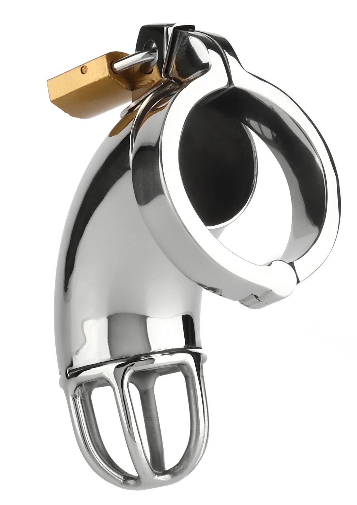 Metalen cock cage met ring, spijlen en gouden slot