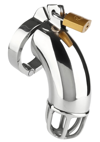 Glanzende metalen cock cage met gouden slotplaat en ring
