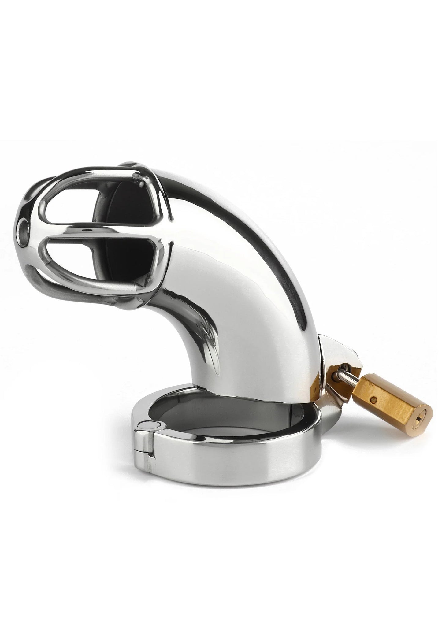 Metalen cock cage met gebogen basis en ring, glanzende chrome-look