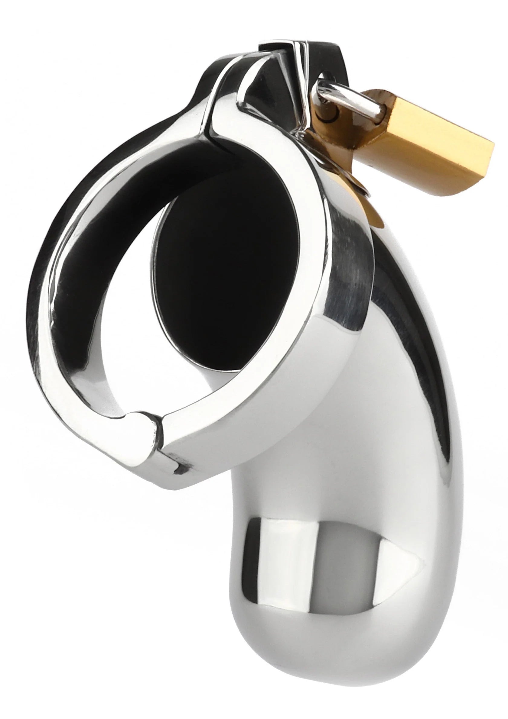 RVS mannenkuisheidsapparaat met goudkleurig slot en ovale ring