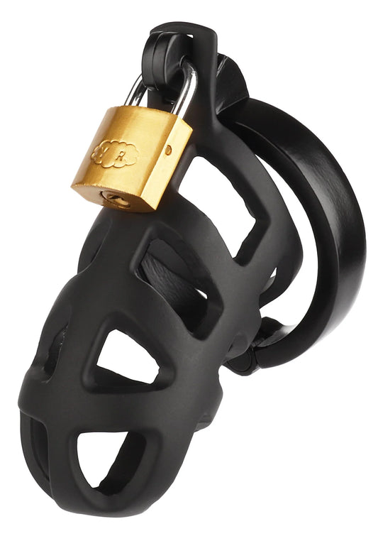 Zwarte kuisheidskooi met gouden hangslot en zwarte sluitbeugel, Mr. Steel