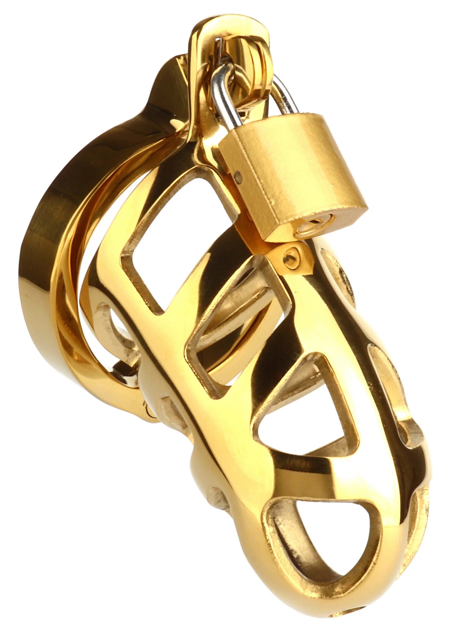 Gouden metalen kooi met vergrendelingsslot en open beugels, close-up