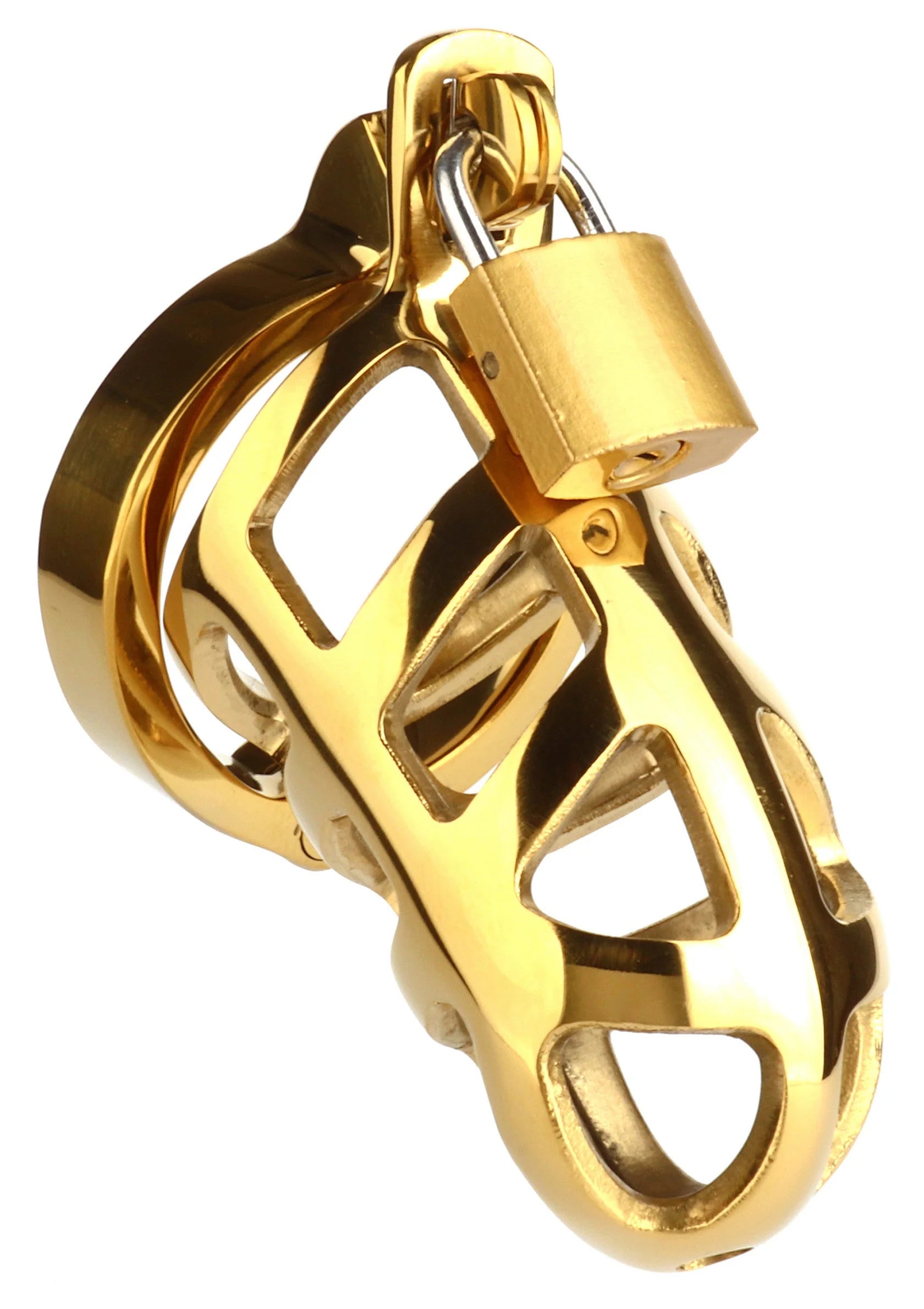 Gouden metalen kooi met vergrendelingsslot en open beugels, close-up