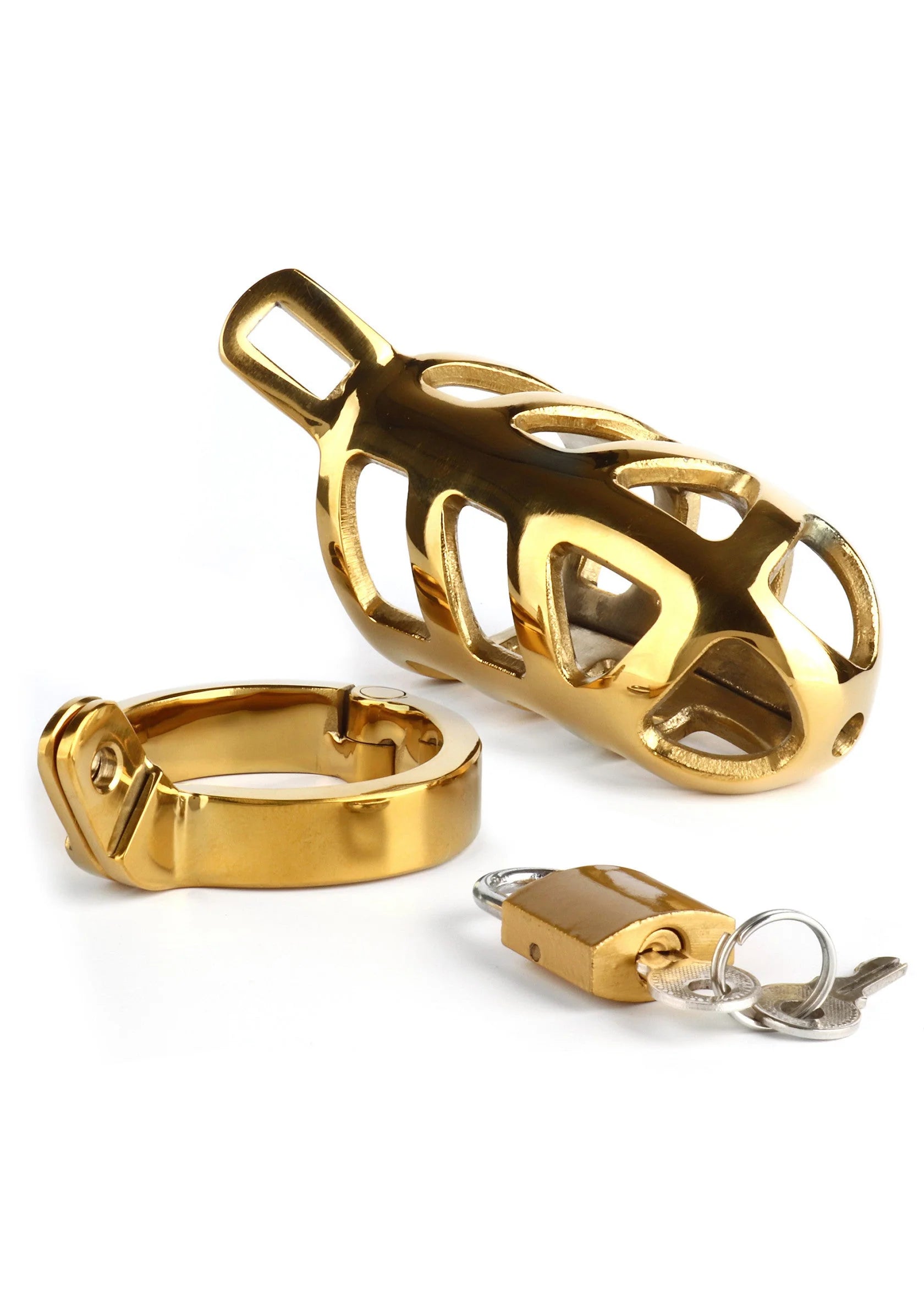 Gouden metalen kooibeugel-set met open patroon, ring en sleutelhanger