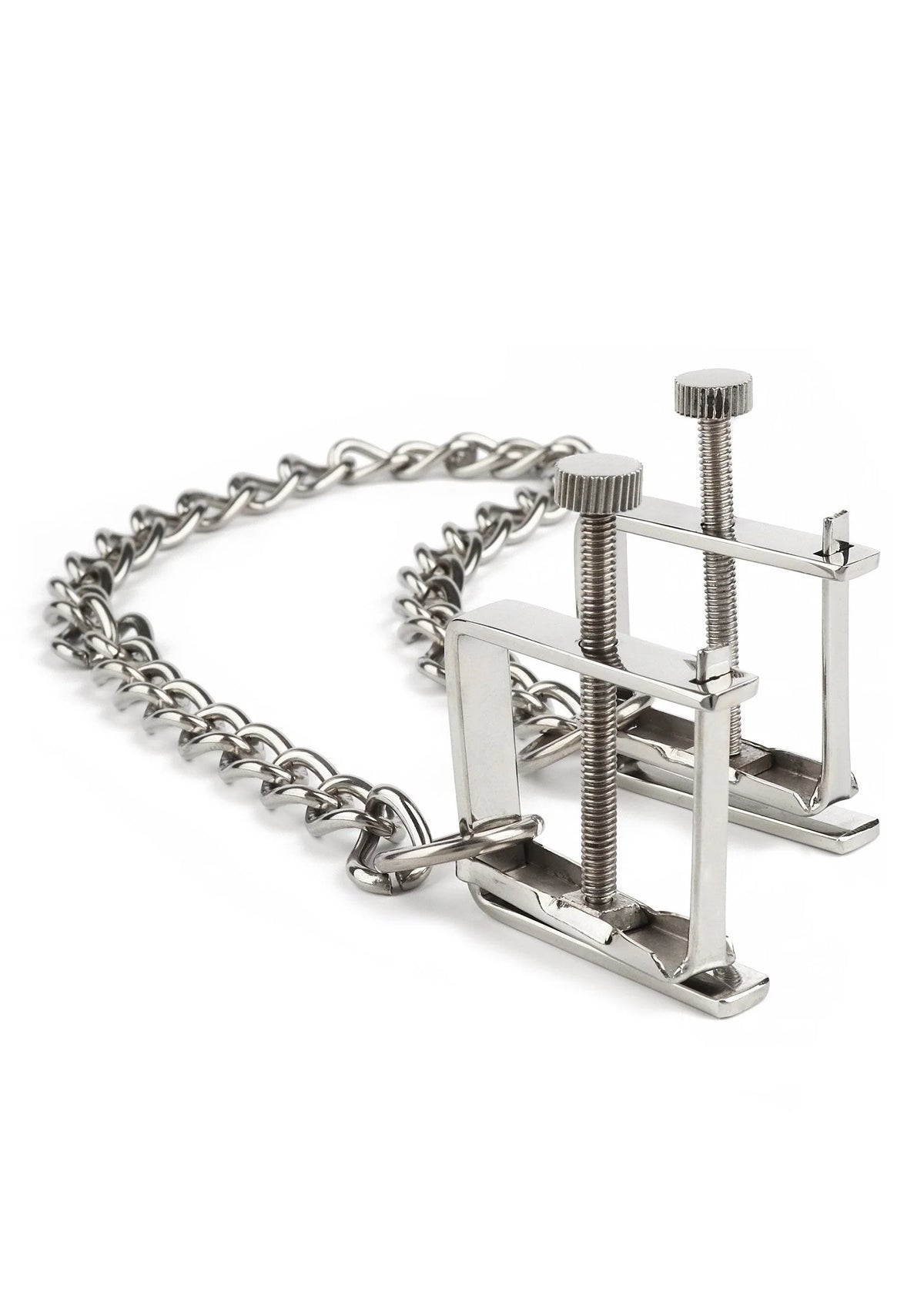 Tepelklemmen met ketting: zilverkleurige klemframes en ronde schroefknoppen