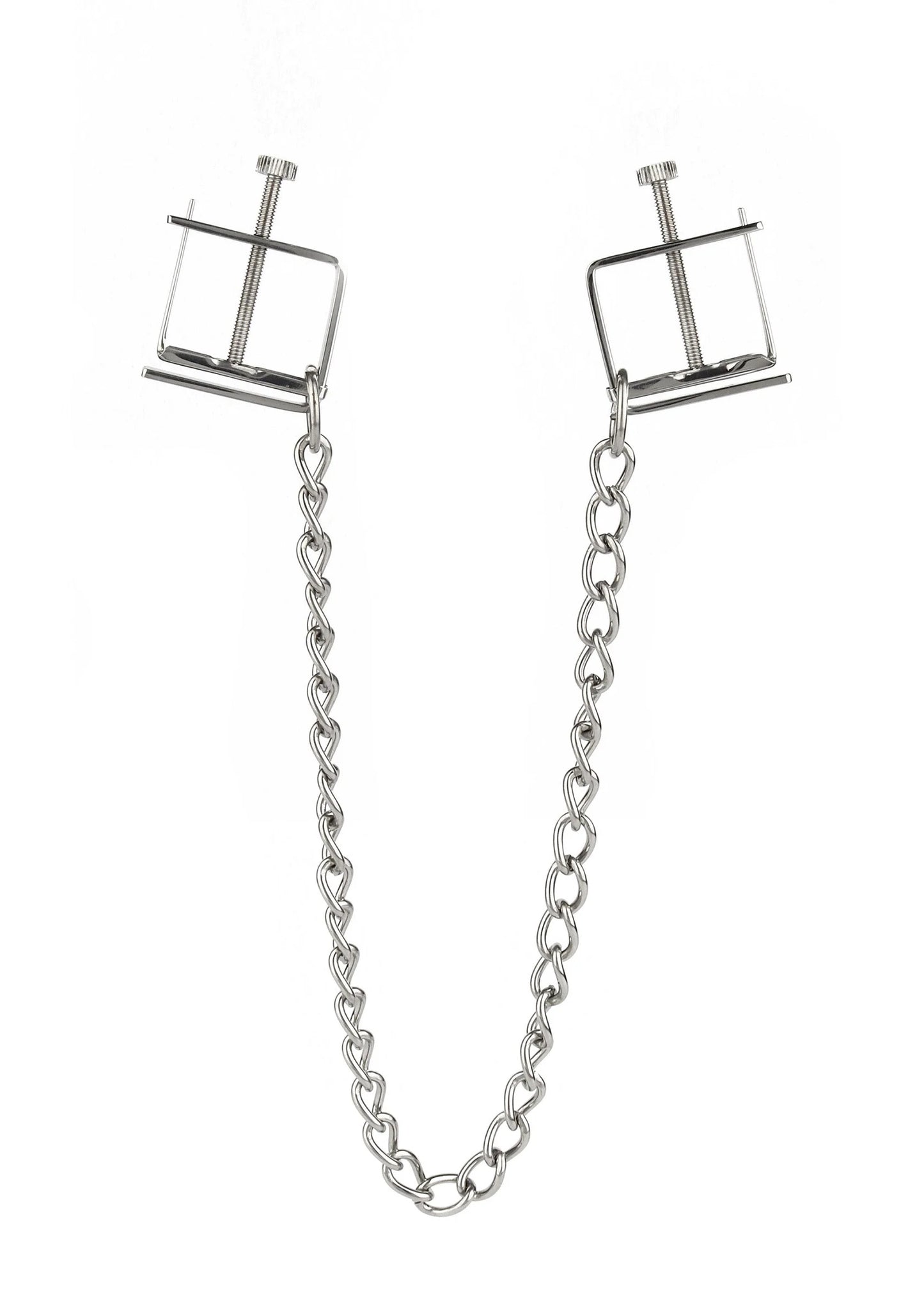 Tepelklemmen met ketting: zilverkleurige rechthoekige klemframes aan ketting