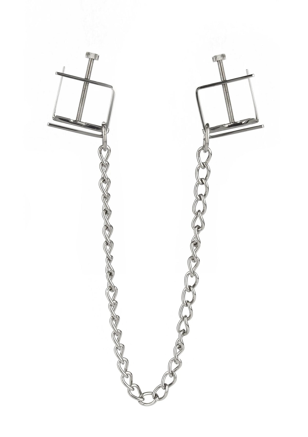 Tepelklemmen met ketting: zilverkleurige rechthoekige klemframes aan ketting