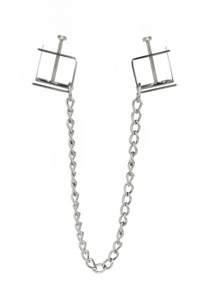 Tepelklemmen met ketting: zilverkleurige rechthoekige klemframes aan ketting