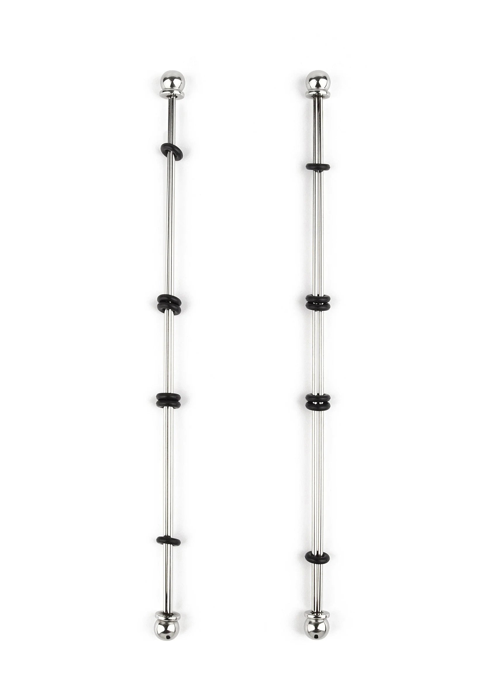 Nipple sticks met ballen, 20 cm: set van twee zilverkleurige staven met zwarte tussenringen