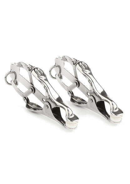 Set zilverkleurige nippelklemmen met ring, scharnierarmen en ovale beugel