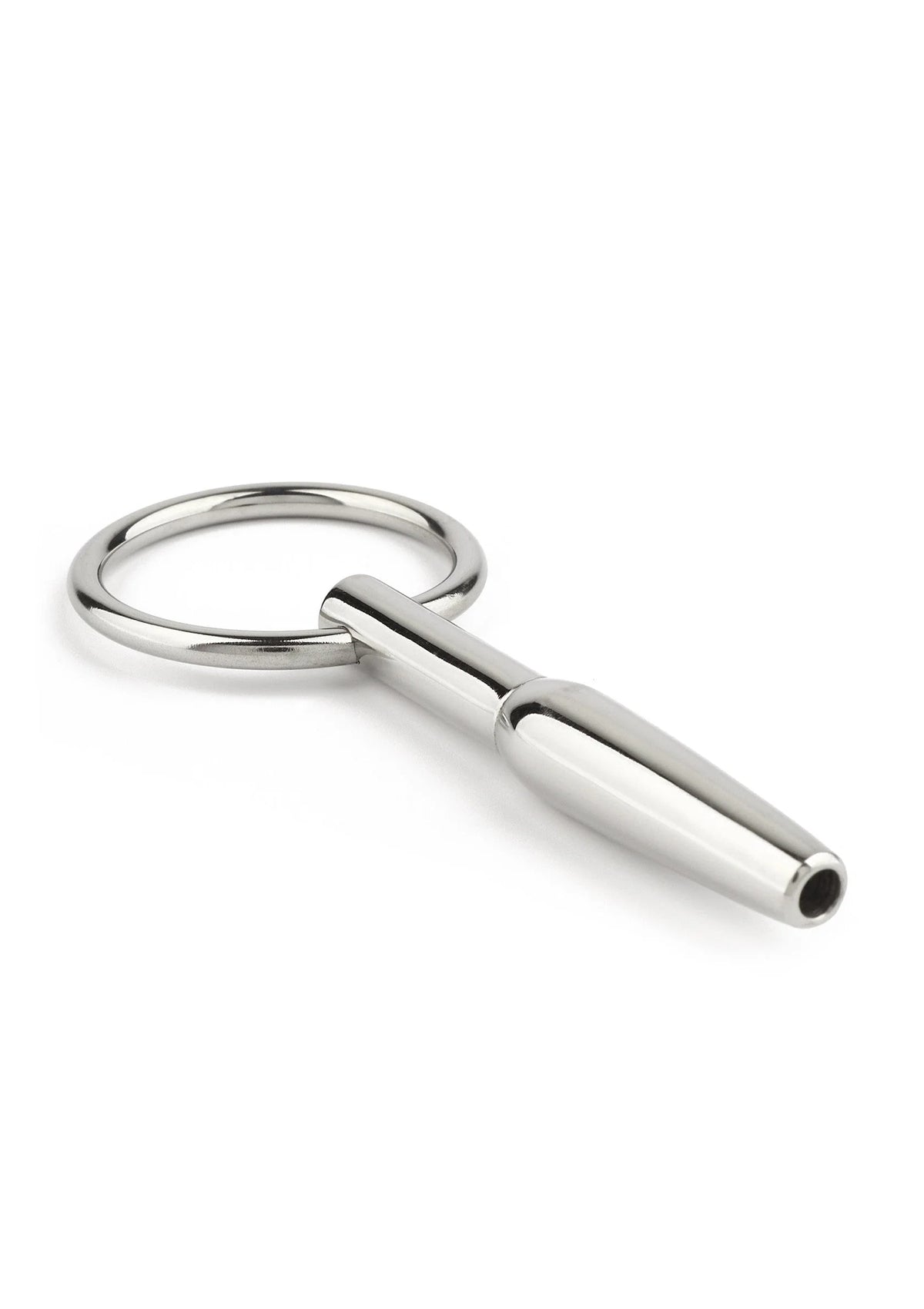 RVS urethrale open plug met ring en conische punt, schuin zijaanzicht