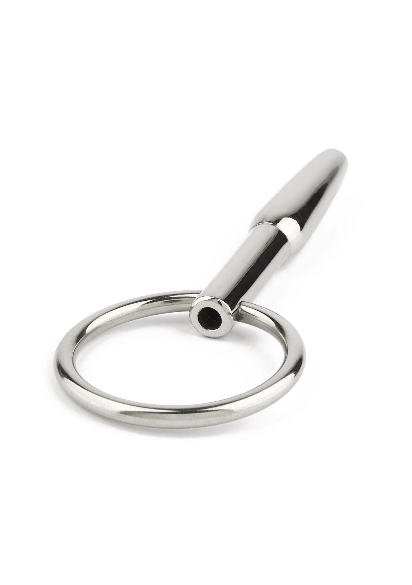 RVS urethrale open plug met ring en conische punt, zijaanzicht