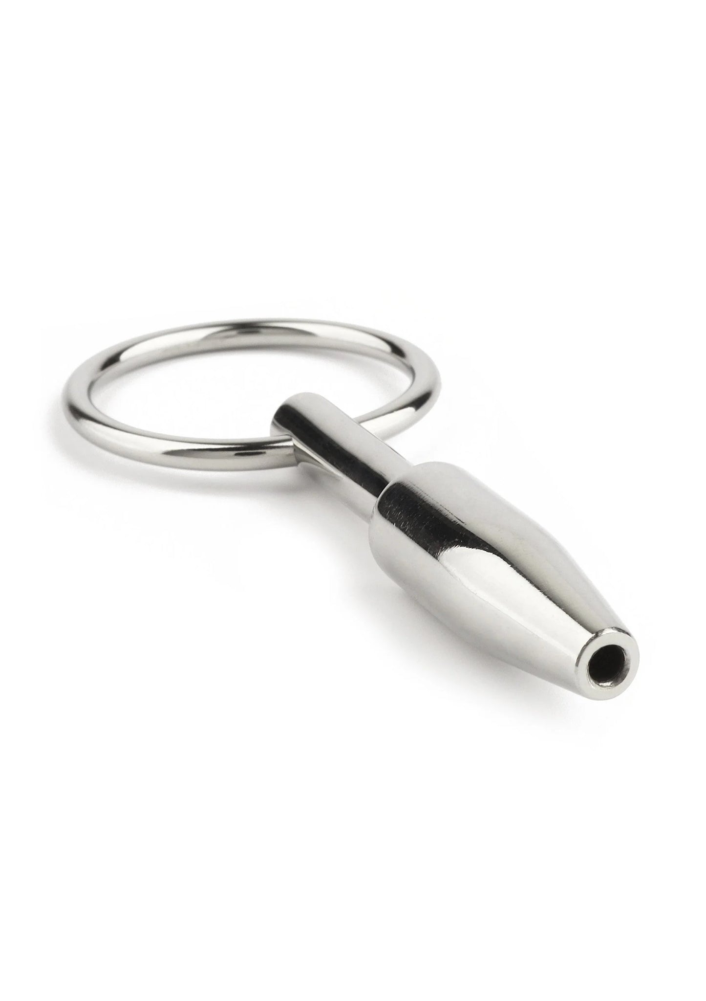 Metalen ring en kegelvormige plug met open opening, glad en glanzend oppervlak.
