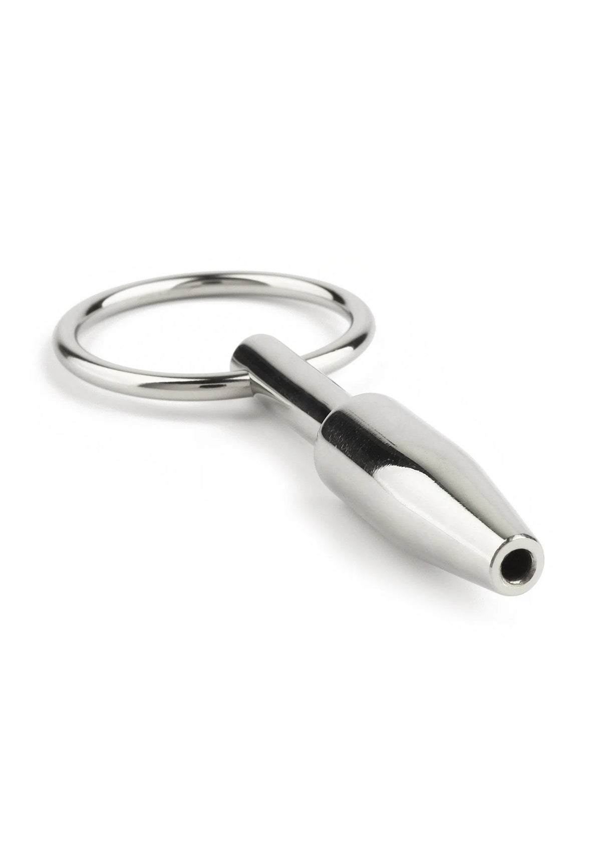 Metalen ring en kegelvormige plug met open opening, glad en glanzend oppervlak.