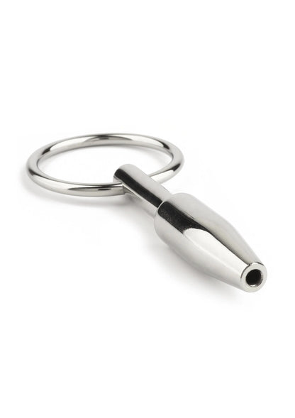 Metalen ring en kegelvormige plug met open opening, glad en glanzend oppervlak.