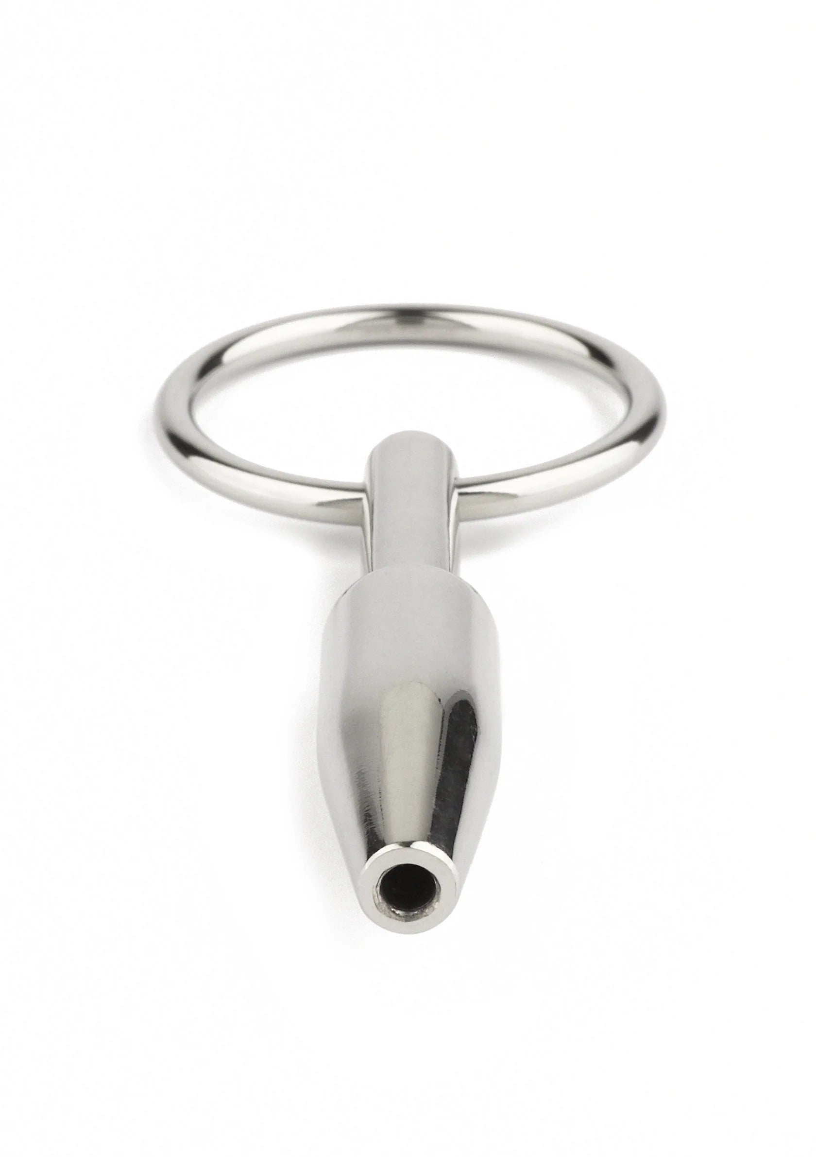 Metalen trechtervormige plug met bevestigingsring, open uiteinde en glad oppervlak.