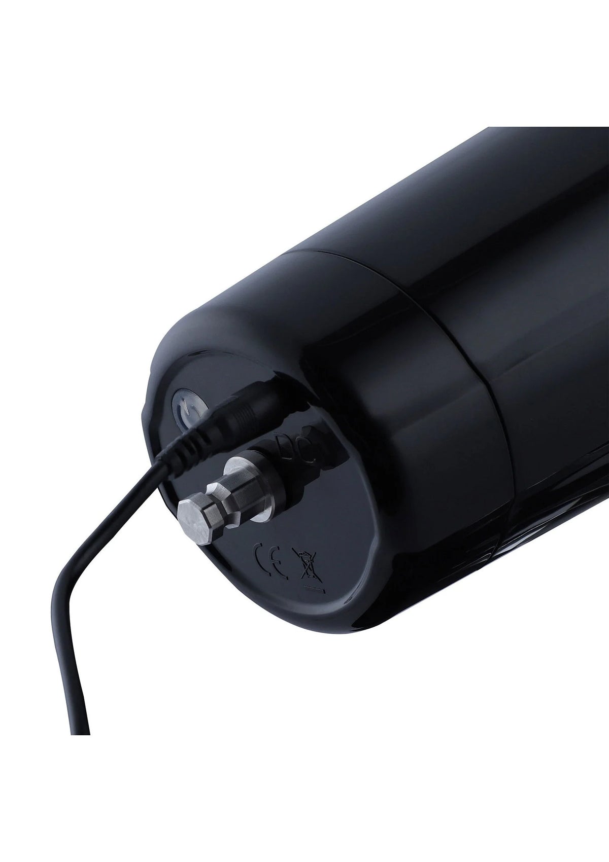 Zwarte vibrator-masturbator, close-up van aansluitpunt met kabel