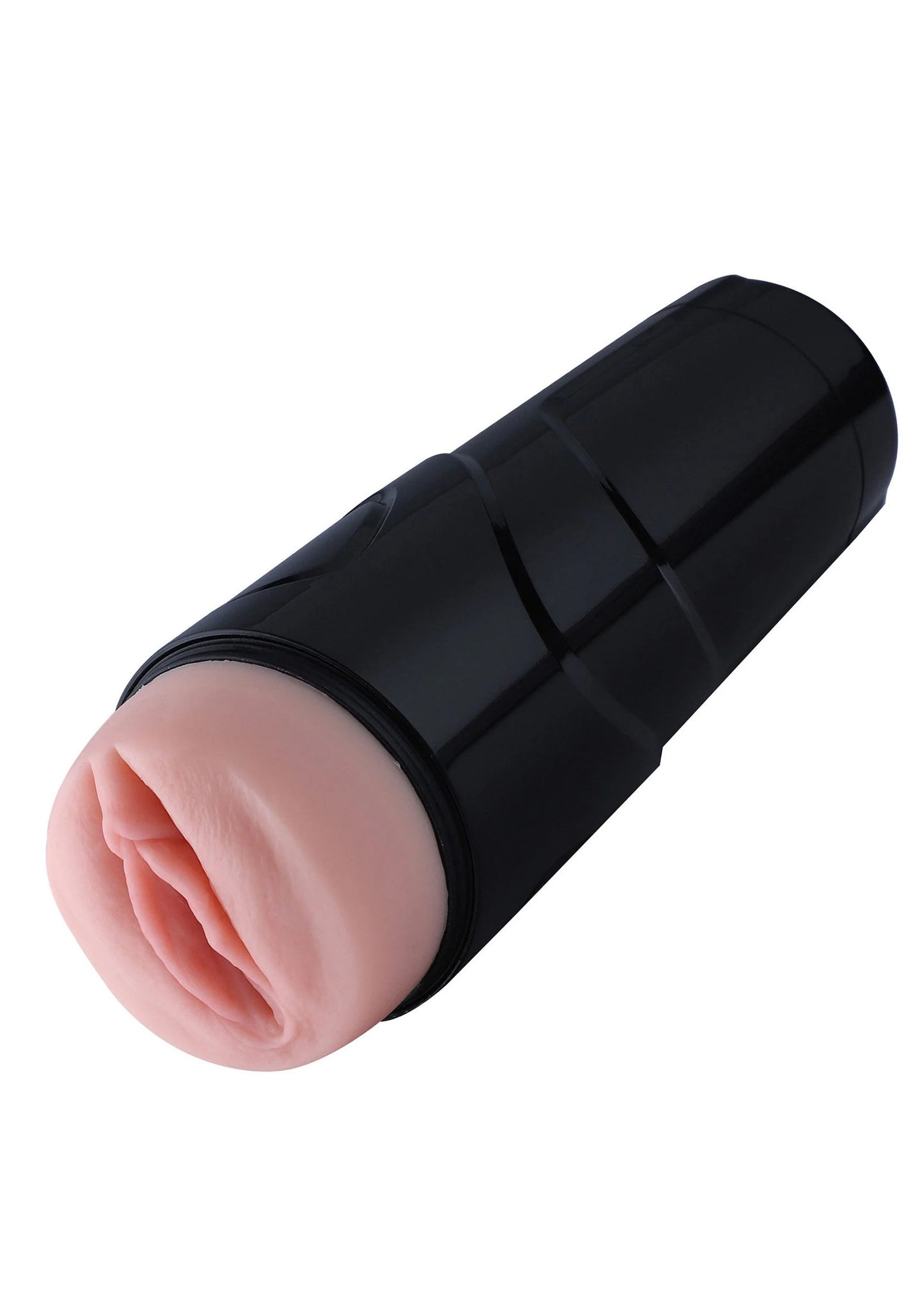 Zwarte vibrator-masturbator met roze binnenring en realistische zachte hoes