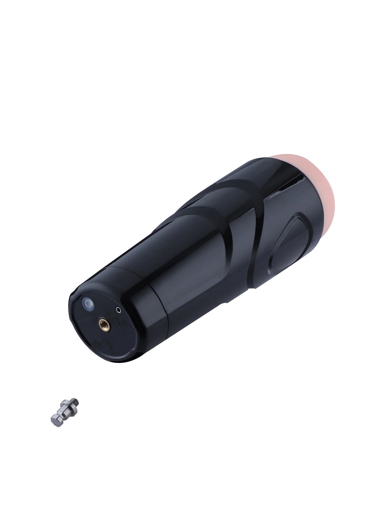 Zwarte vibrator-masturbator met roze binnenvoering en ronde kop met aansluitpunt