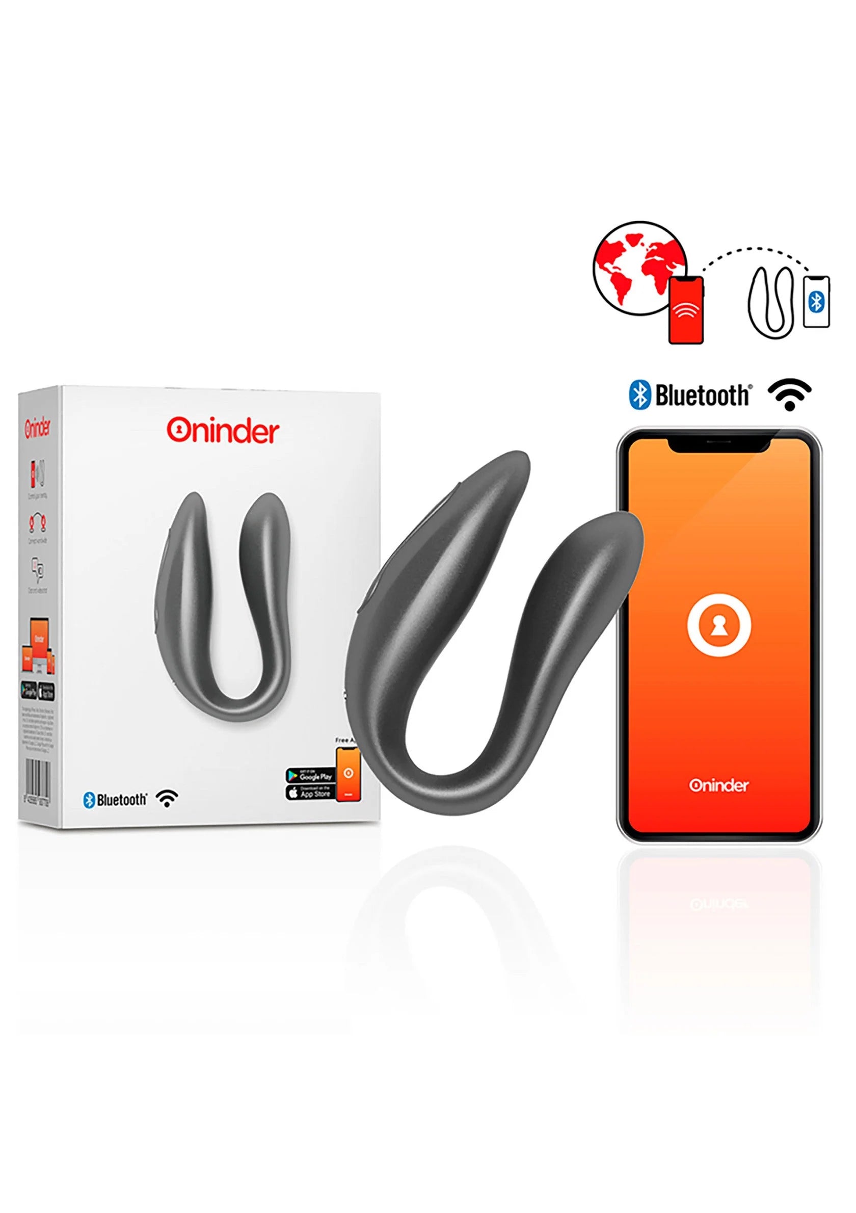 Dubbele grijze U-vormige vibrator met verpakking en Bluetooth-bediening op telefoon