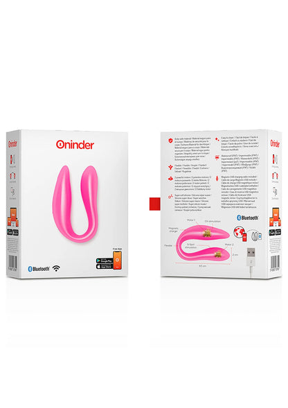 Roze U-vormige dubbele stimulator in doos, voorkant en achterkant naast elkaar