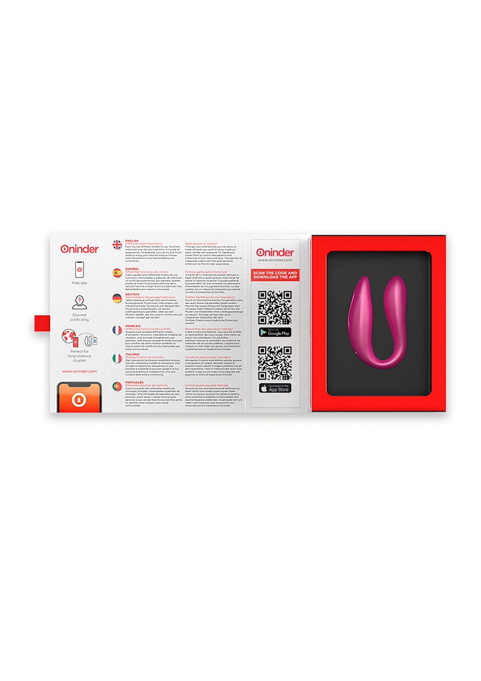 Verpakking met roze U-vormige dubbele stimulator, achterkant en rood venster