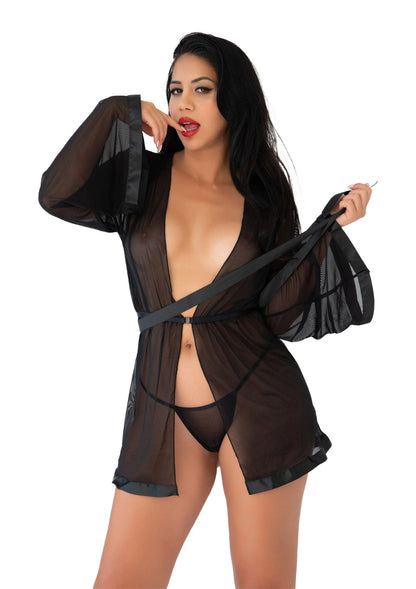 Doorzichtige zwarte kimono met strikceintuur en string, licht doorschijnende mouwen.