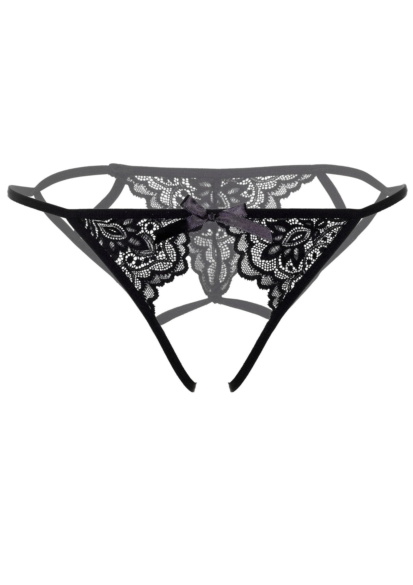 Zwarte kanten crotchless bikini met smalle bandjes en open kruis