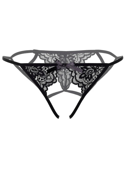 Zwarte kanten crotchless bikini met smalle bandjes en open kruis
