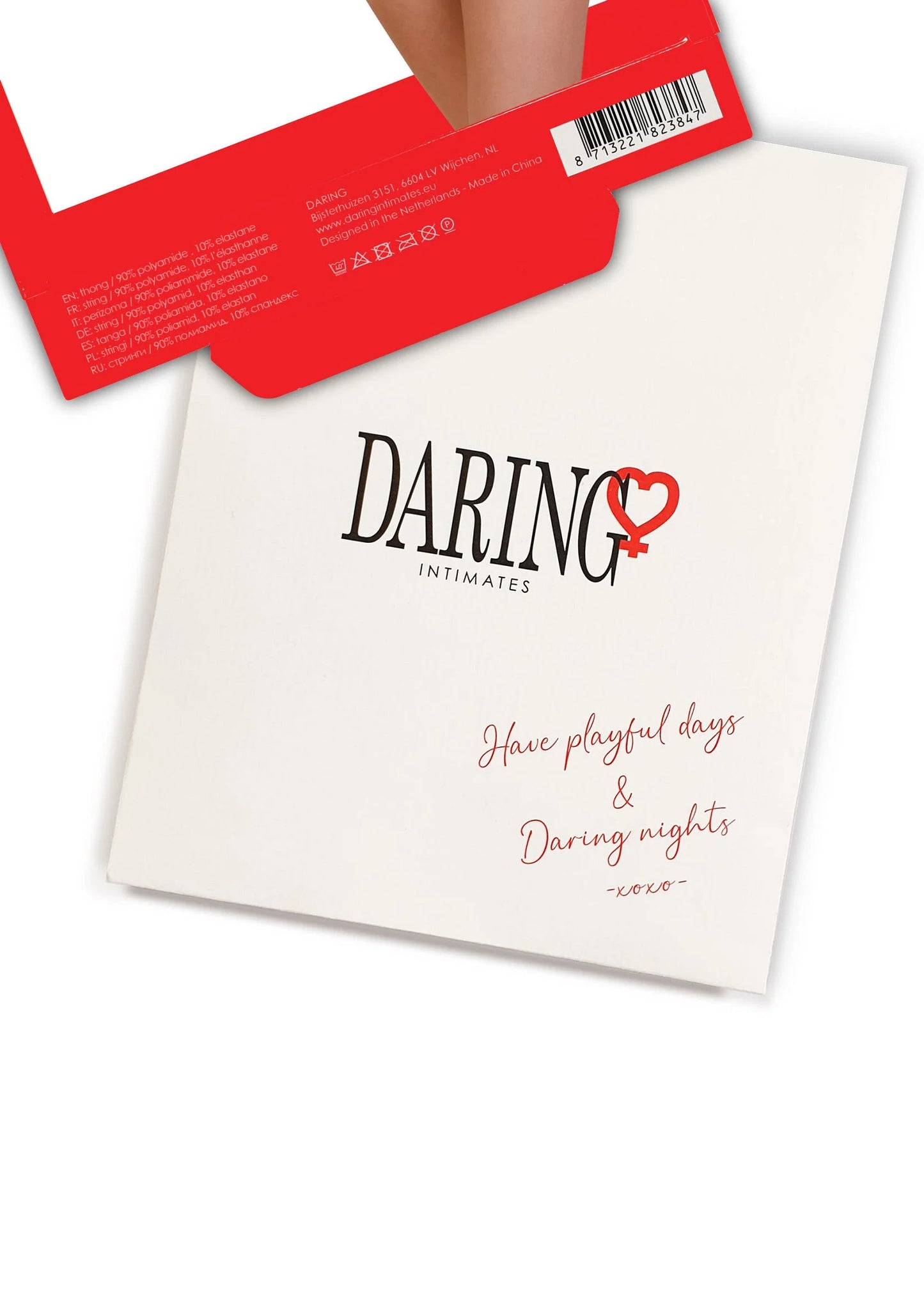 Daring Intimates Inez kaart met tekst en illustratie, wit en rood