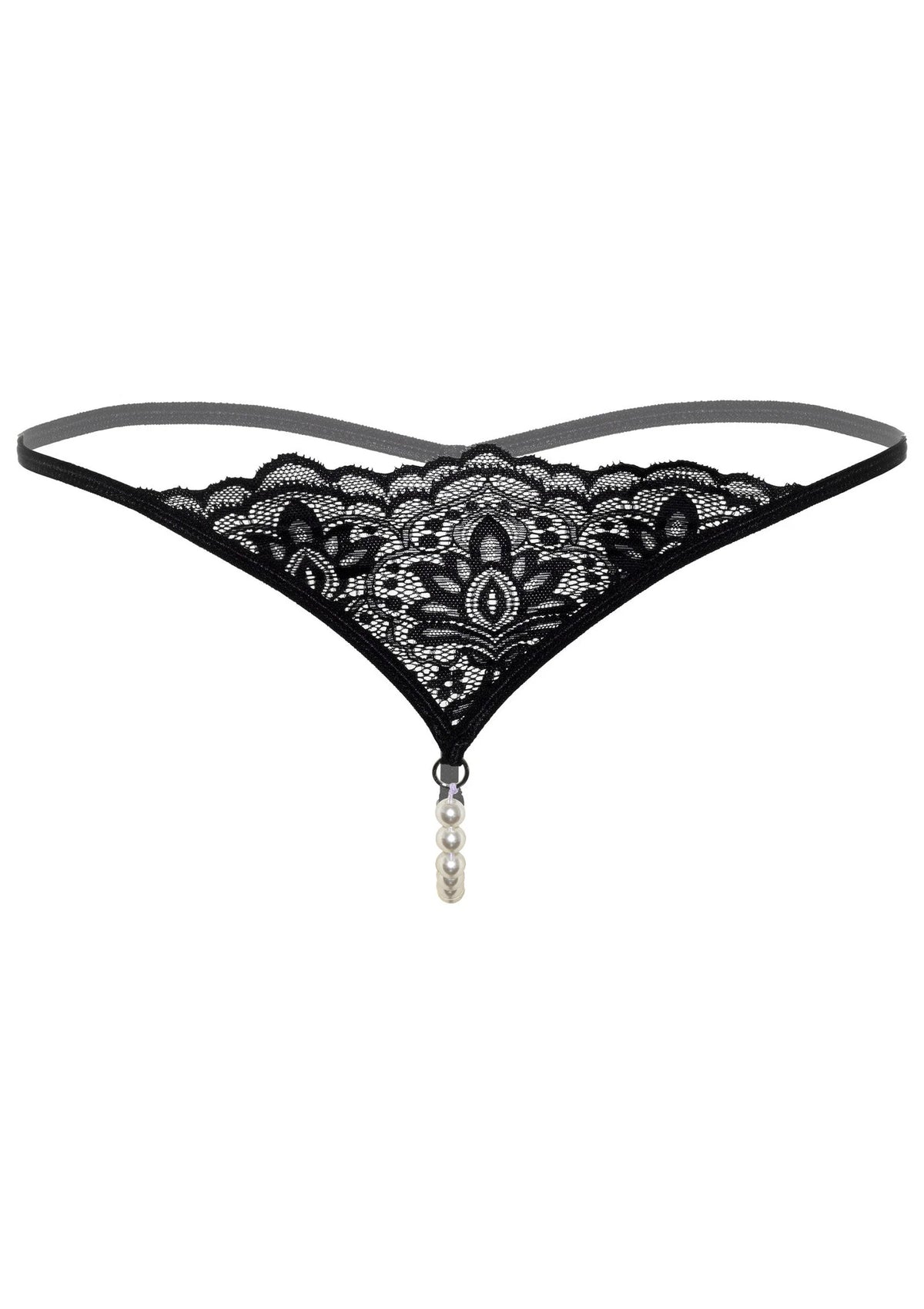 Zwarte kanten g-string met parelaccent: hangende kraal in het midden en dunne bandjes.
