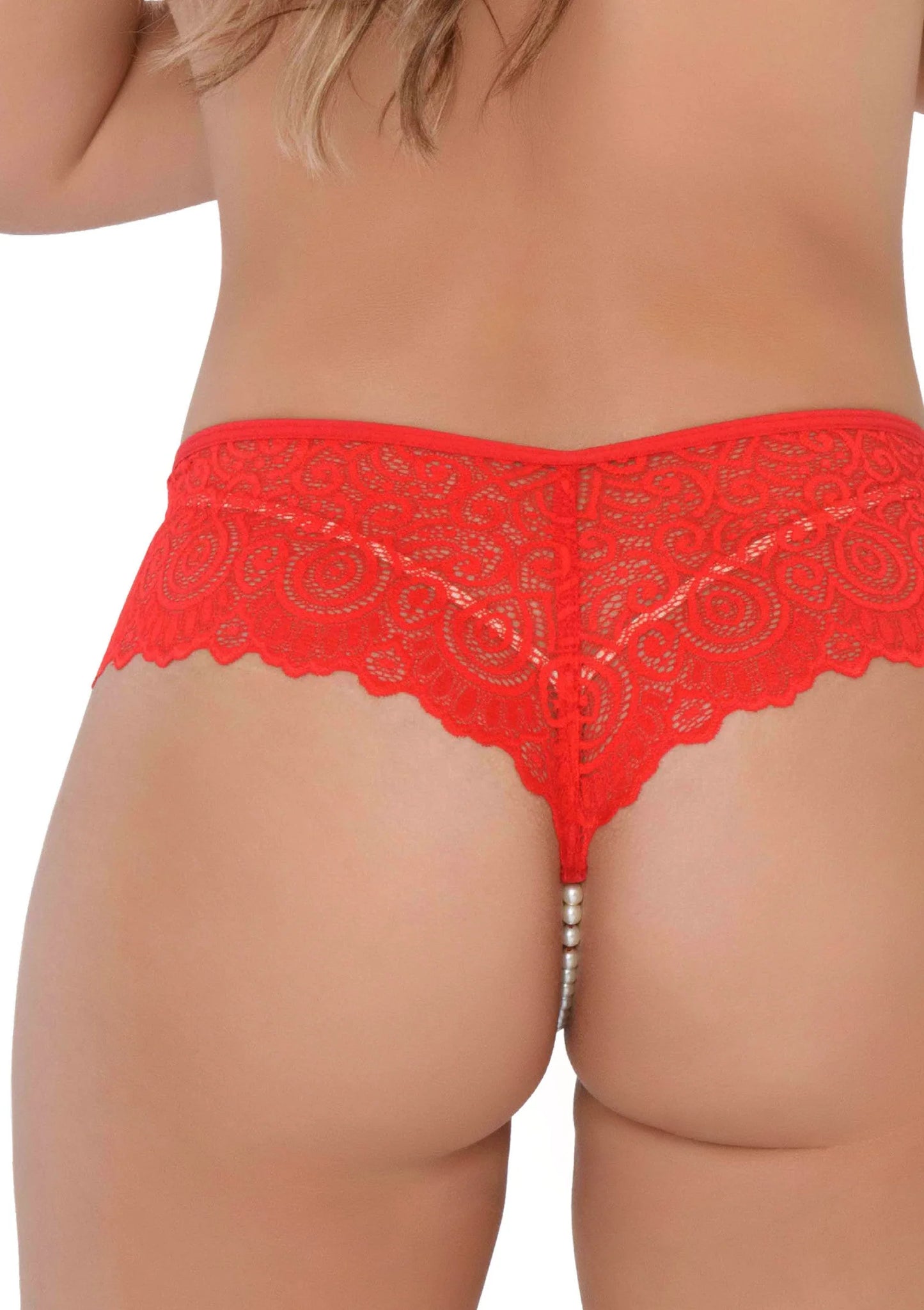 Rode kanten string slip met geornamenteerde zoom en elastische tailleband