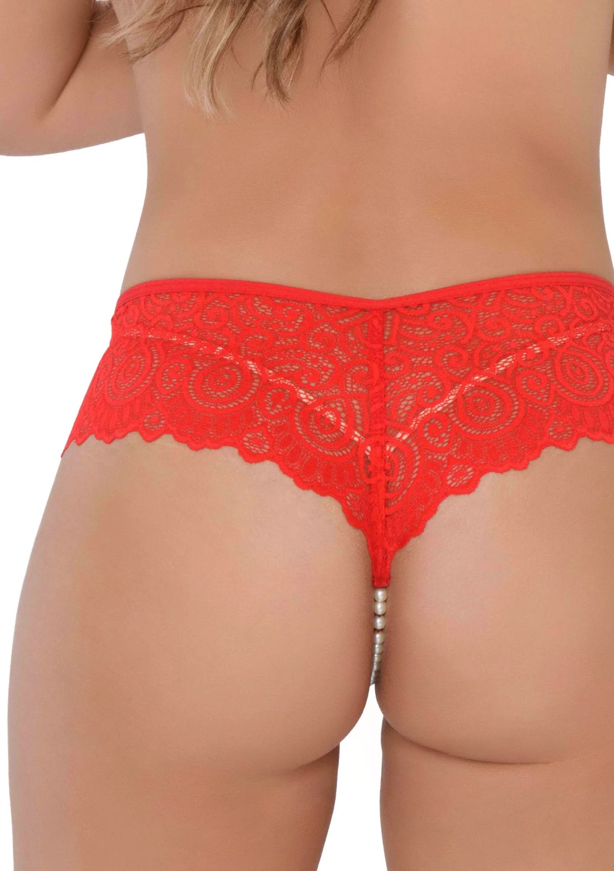 Rode kanten string slip met geornamenteerde zoom en elastische tailleband