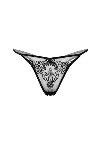 Zwarte kanten string met bloemmotief en fijne bandjes