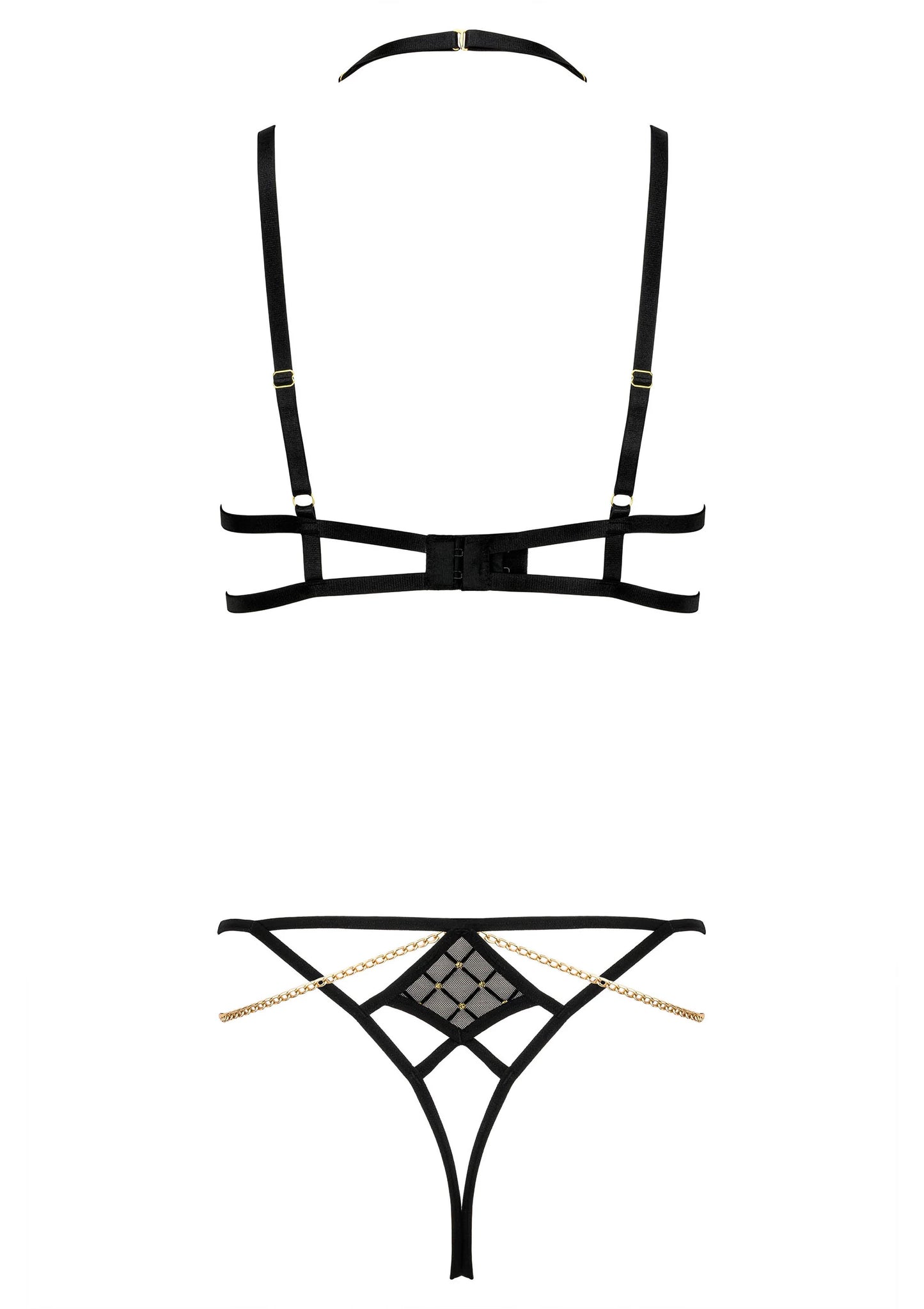 Zwarte lingerie set op platte ondergrond: bh-bandjes en string met ruitpatroon, ketting