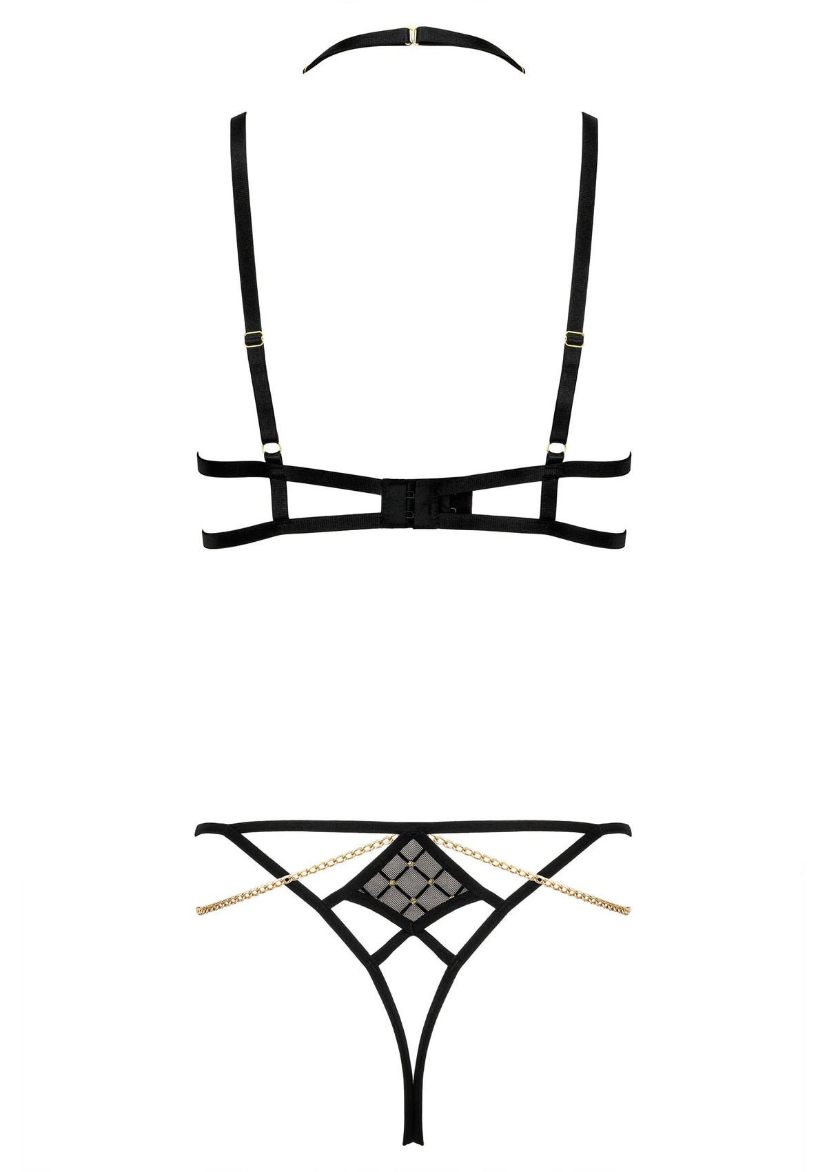 Zwarte lingerie set op platte ondergrond: bh-bandjes en string met ruitpatroon, ketting
