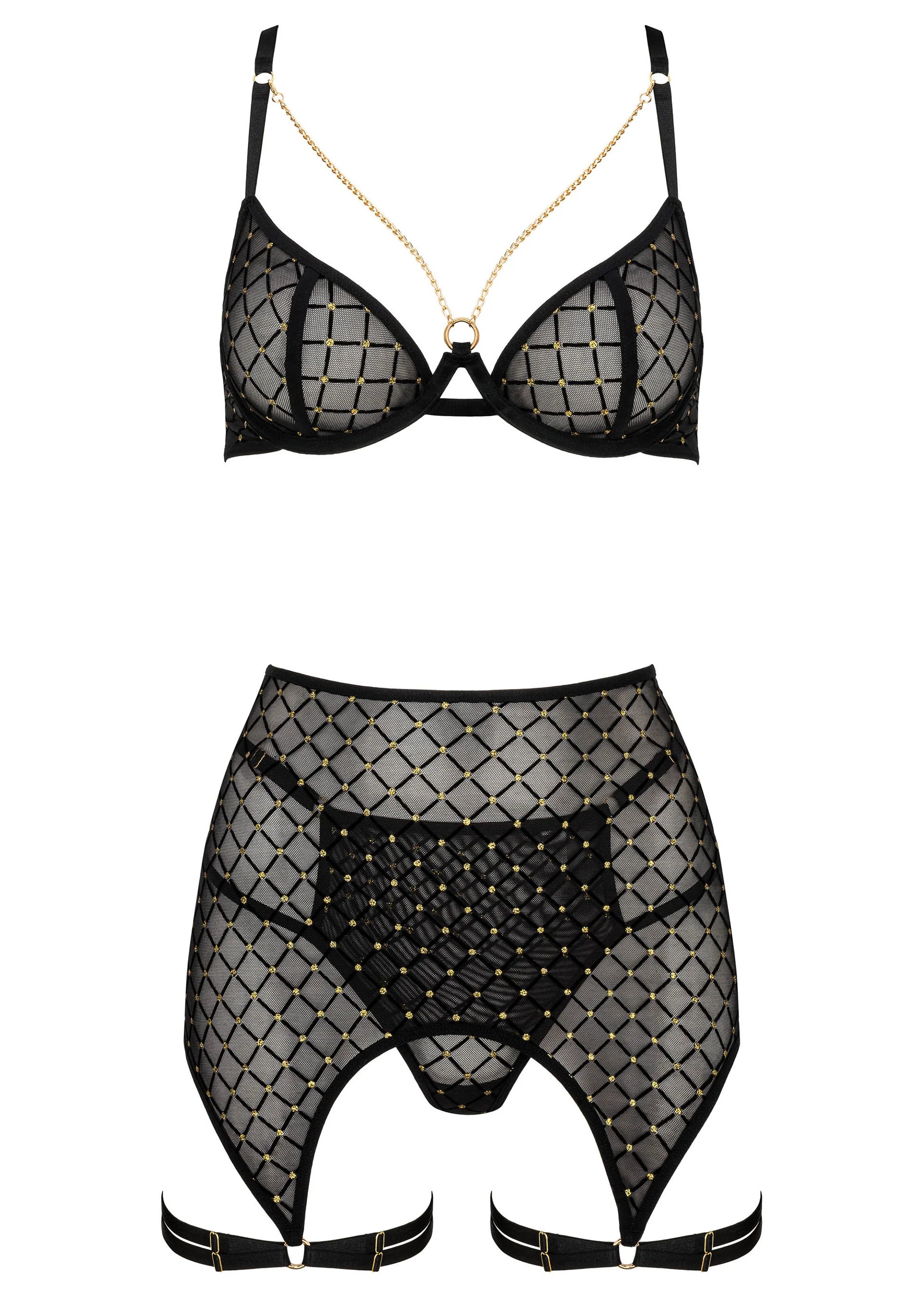 3-delig lingerie set plat: balconette bh, heupslip met jarretelbanden