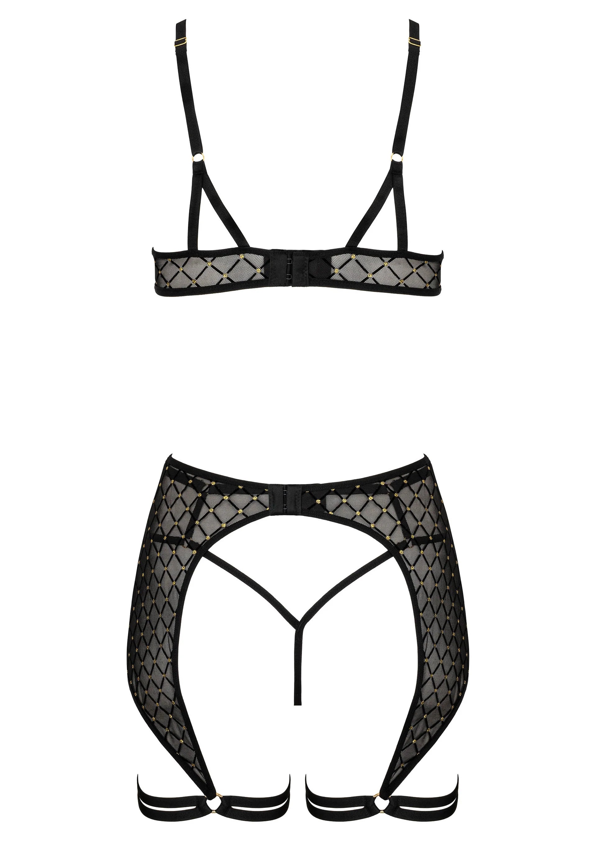 3-delig lingerie set plat: bh-bandjes en heupslip met open kruis en jarretels