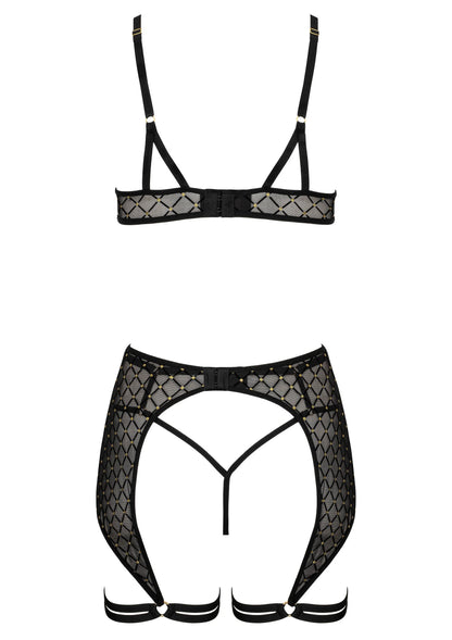 3-delig lingerie set plat: bh-bandjes en heupslip met open kruis en jarretels