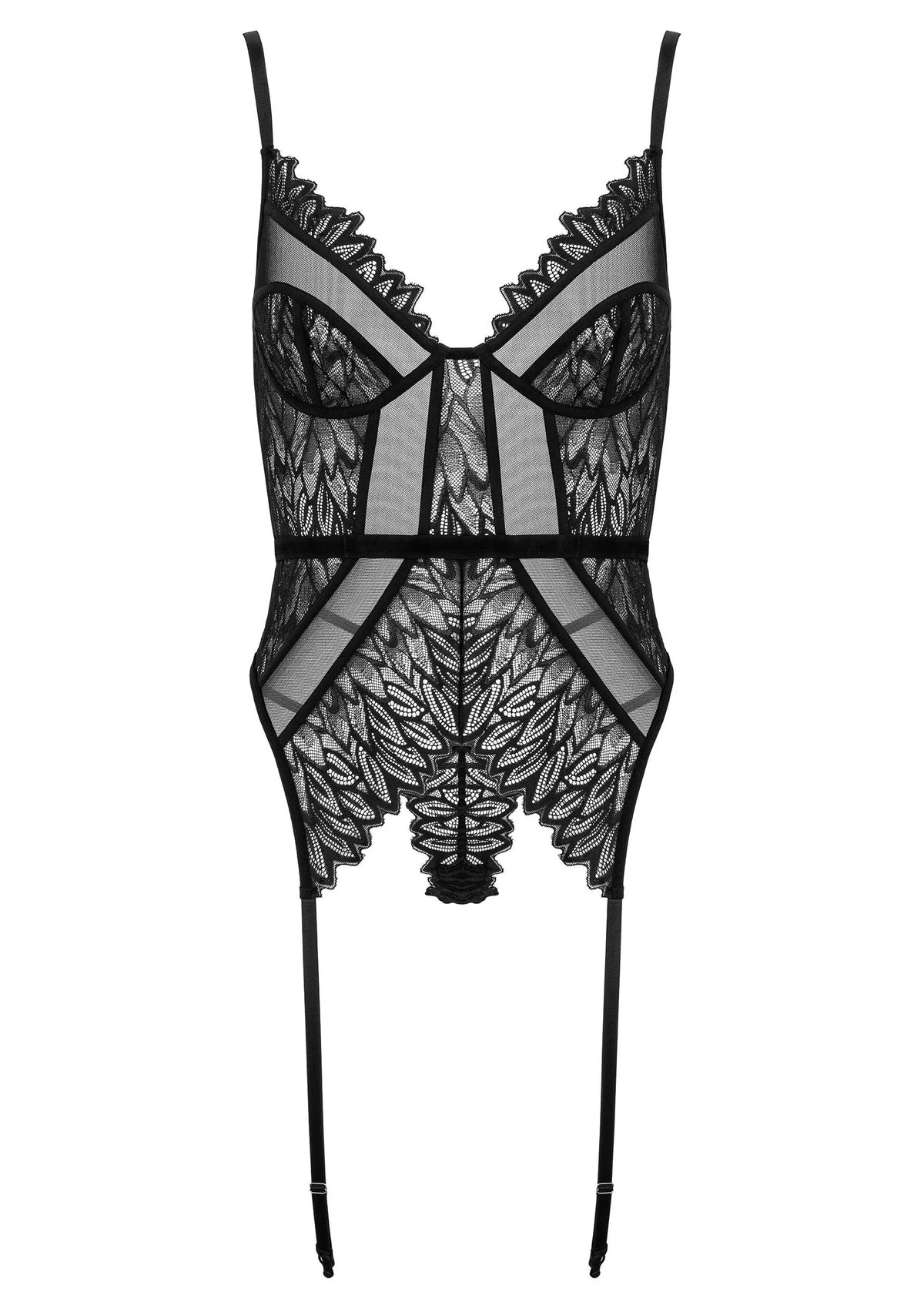 Zwart kanten corset met V-hals, geometrisch middenpaneel en jarretelbandjes